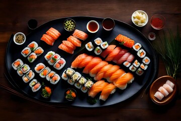 An image of an artfully arranged sushi platter with sashimi, nigiri, and rolls.
