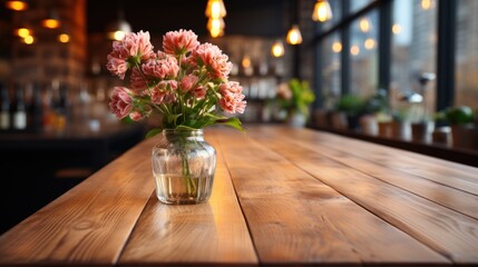 Flower on a wooden table in the kitchen.