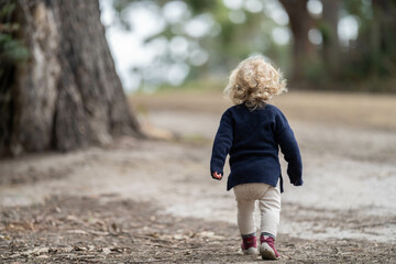Fototapeta premium blonde todder walking in a forest on a hike in spring