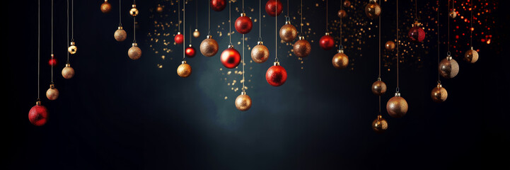 Many red and golden shiny Christmas baubles and ornaments hanging on black panoramic background with shiny golden lights, Christmas web banner - obrazy, fototapety, plakaty