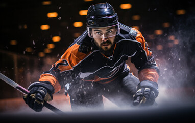 Naklejka premium Captivating dynamics of hockey: a portrait of a player in the background of the ice arena