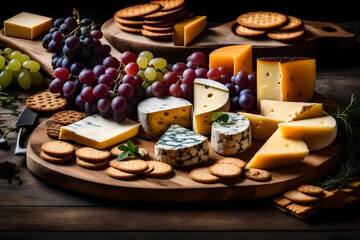 Obraz na płótnie Canvas An image of a rustic cheese board with a variety of cheeses, grapes, and artisanal crackers.