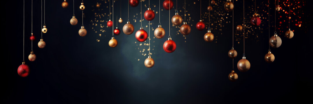 Many red and golden shiny Christmas baubles and ornaments hanging on black panoramic background with shiny golden lights, Christmas web banner