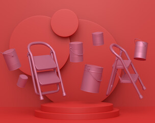 Abstract scene with folding ladder, bucket and paint roller on monochrome