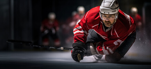 The spirited energy of hockey: a player's image against the ice arena.