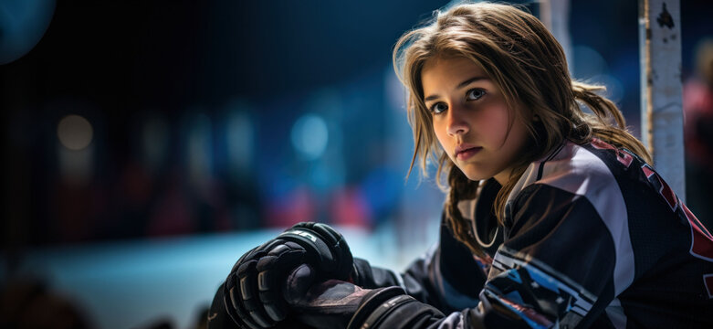 A powerful portrayal of a determined young female hockey player on the ice encapsulates the essence of women's hockey.