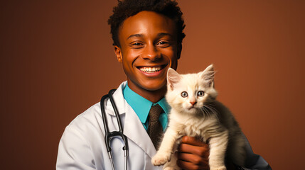 Captivating image of a dedicated young African veterinarian joyfully administering a vaccine to an adorable playful kitten against plain studio backdrop. - obrazy, fototapety, plakaty