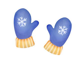 Hand painted watercolor clipart warm knitted blue mittens with snowflake isolated on transparent background. cute pair of winter accessories. cut out Christmas, new year holiday clothes