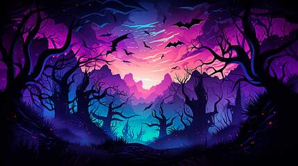 Halloween night background with scary trees and bats. Card illustration. selective focus. 