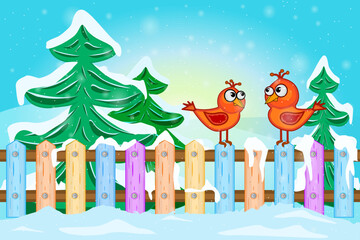 Two red birds sitting on fence. Cartoon winter landscape with red bird on fence, snow and fir trees. Christmas winter scene with snowfall. Snowy scenery. Rural forest view. Stock vector illustration
