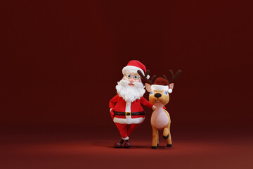 Cute cartoon Santa Claus and Deer. 3d render