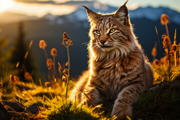 Obraz premium Captivating serene lynx relaxing in a sunlit clearing, amidst the picturesque beauty of Jura mountains, embodying calm, tranquility & untouched wilderness.