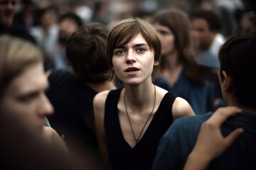 Young woman with short hair in a crowd looking at camera
