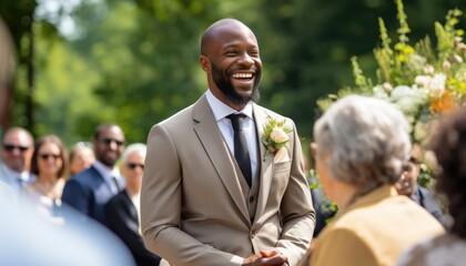 Candid photo of a joyful groom at an outdoor summer wedding, surrounded by friends and relatives