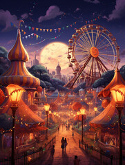 An Illustration of a Lively Halloween Carnival with Rides and Games - obrazy, fototapety, plakaty