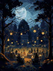 An Illustration of a Midnight Halloween Picnic in a Moonlit Graveyard