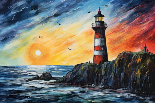Lighthouse By The Sea Painted With Crayons