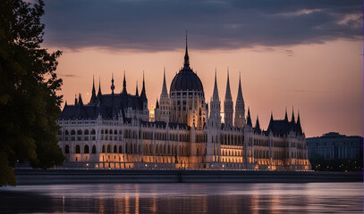 Fototapeta na wymiar Parliament Building at Sunset, Budapest, Hungary - Created with Generative AI Technology