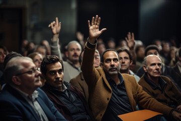 Person raising their hand to ask a question at a public forum, illustrating the inclusivity and participatory nature of democratic discussions. Generative Ai.