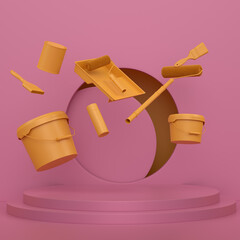 Abstract scene with safety helmet, bucket with paint rollers on monochrome