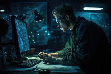 The photo depicts a computer scientist working with a modern computer, surrounded by various technological tools and gadgets, including a keyboard, a mouse, a monitor, and headphones. Generative AI. - obrazy, fototapety, plakaty