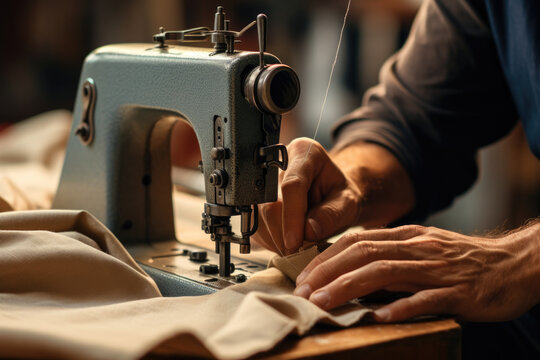 A close-up shot highlights a person's hands operating a sewing machine, illustrating the textile and garment industry's role in the labor force. Generative Ai.