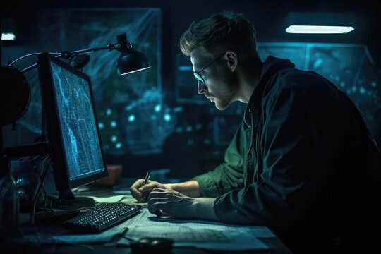 The photo depicts a computer scientist working with a modern computer, surrounded by various technological tools and gadgets, including a keyboard, a mouse, a monitor, and headphones. Generative AI.