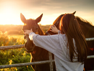 Teenager girl with long hair by a metal gate to a field with dark horses. Selective focus. Models hands on horses faces. Connection between people and horses. Soft sunshine glow.