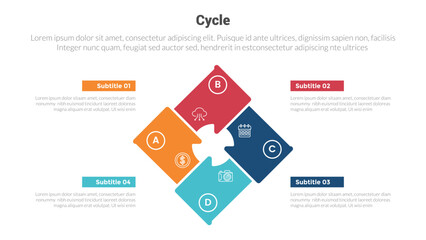 cycle or cycles stage infographics template diagram with sliced rotated square on center and 4 point step creative design for slide presentation