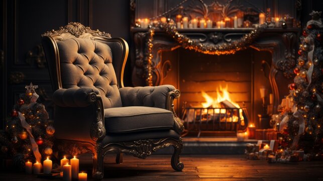 Cozy chair by a warm fireplace, Christmas holidays