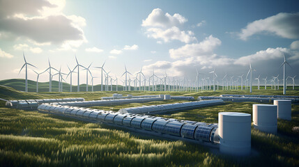 Concept of an energy storage system based on electrolysis of hydrogen for clean electricity solar and wind turbine facility..A hydrogen pipeline with wind turbines and in the background.