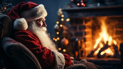 Santa Claus sitting in a cozy chair beside a crackling fireplace © Evgeny Karandaev