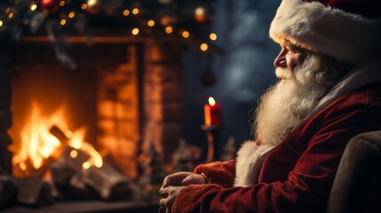 Santa Claus sitting in a cozy chair beside a crackling fireplace
