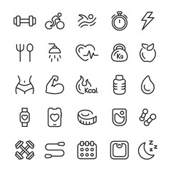 Fitness icons set. Drawn with a thin line. Healthy lifestyle. Vector illustration