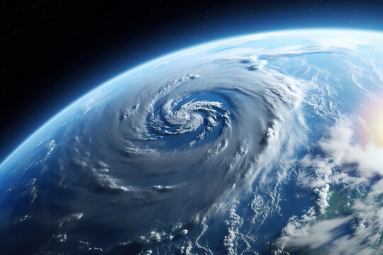Typhoon covering a part of the earth pictured from the space with a satellite, cyclone forming over the earth.