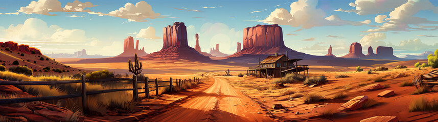 Road And Old Hotel On The Prairie Of The Wild West. Illustration On The Theme Of History And Travel, Countries And Territories.  Generative AI