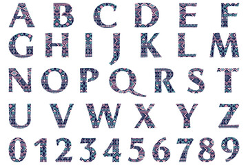 Abc letters and numbers with geometric ethnic pattern. Isolated English alphabet uppercase letters and numbers font design elements. Children book title typeface. Back to school font symbols font