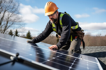 Solar power consultant expert on a roof installing solar panels. Switch to Green Energy