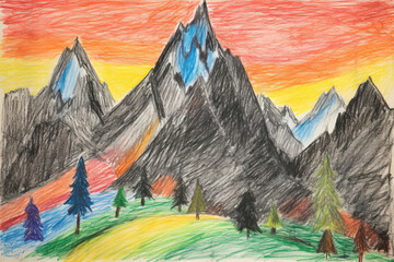 Mountain Landscape Painted With Crayons - obrazy, fototapety, plakaty