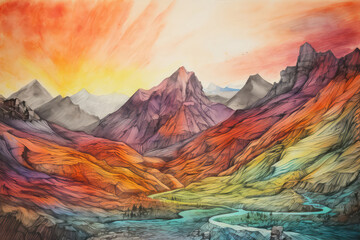 Mountain Landscape Painted With Crayons