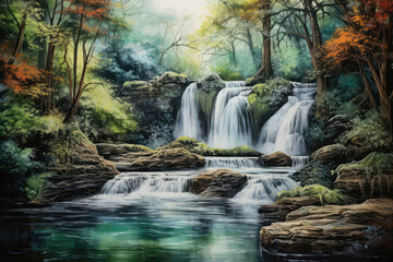 Peaceful Waterfall In Forest Painted With Crayons