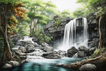 Peaceful Waterfall In Forest Painted With Crayons . Сoncept Relaxing Nature Scenes, Forest Waterfalls Crayon Art, Peaceful Painted Vistas, Surprising Artistry