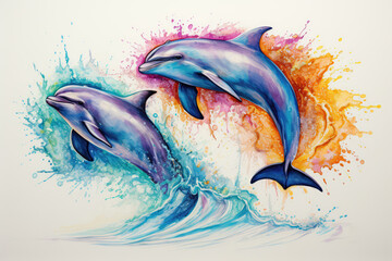 Playful Dolphins Leaping Together Painted With Crayons