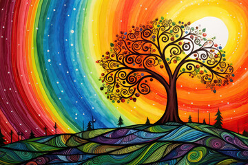 Whimsical Rainbow Over Hills Painted With Crayons