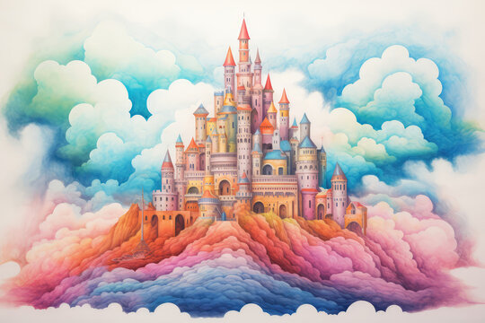 Dreamy Castle In The Clouds Painted With Crayons