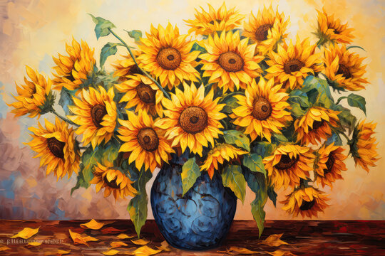 Sunflowers In Yellow Vase Painted With Crayons