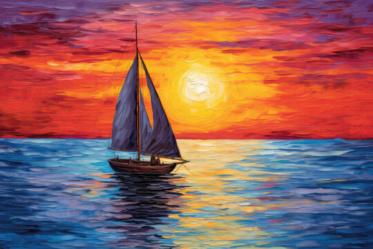 Sailing Boat On Lake Painted With Crayons