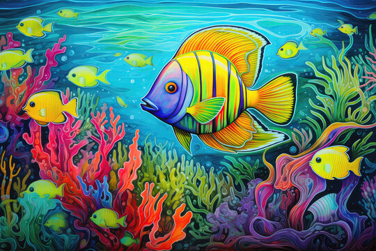 Vibrant Tropical Fish Underwater Painted With Crayons