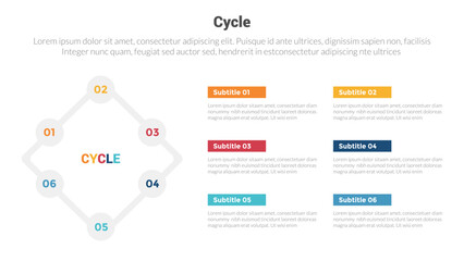 cycle or cycles stage infographics template diagram with small circle patch on rotated square line and 6 point step creative design for slide presentation