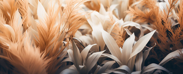 A group of plants with long, pointed leaves in orange and white colors. The orange plants have a feathery texture and create an abstract pattern. Soft and dreamy mood.